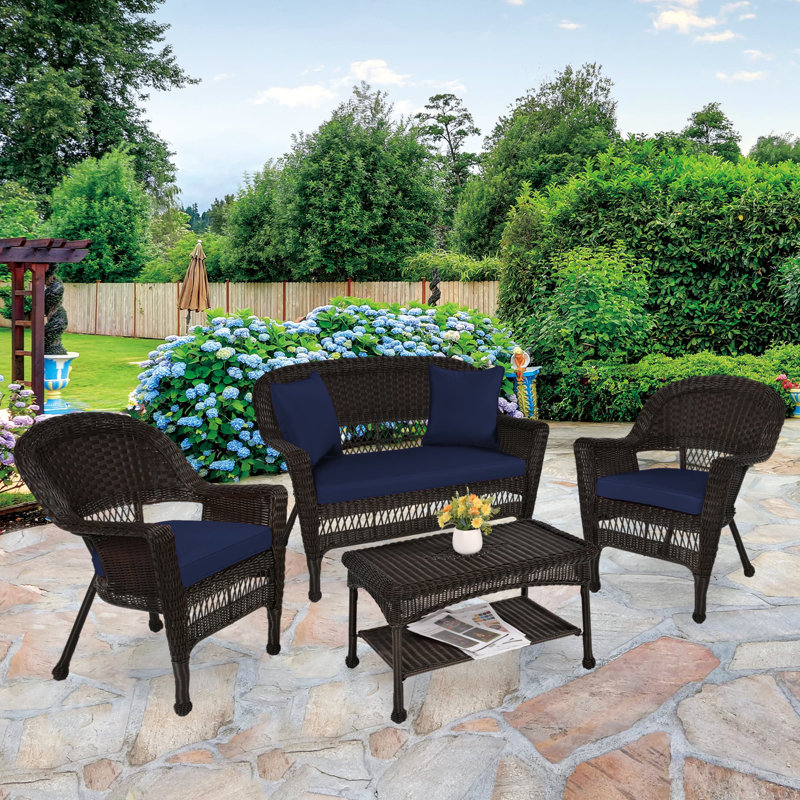 Cecilton 4 Piece Rattan Sofa Seating Group , Espresso, Navy Blue