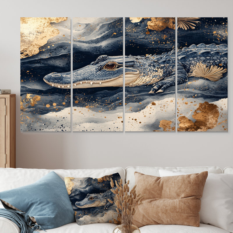 Alligator et marbrures I - Art mural animal crocodile - Art mural moderne sur toile, H 32 po x l 64 po