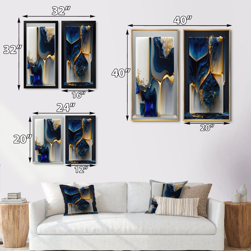 Ensemble de 2 toiles d'art en forme de géode abstraite dorée et bleue, Impression encadrée, Gold, H 32 po x l 32 po