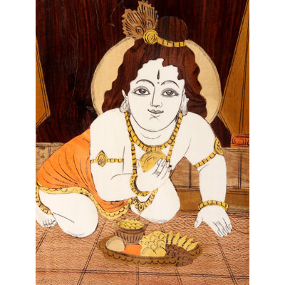 Handcrafted 19-Inch "Divine Childhood" Bal Gopal Mysore Wood Inlay Wall Art