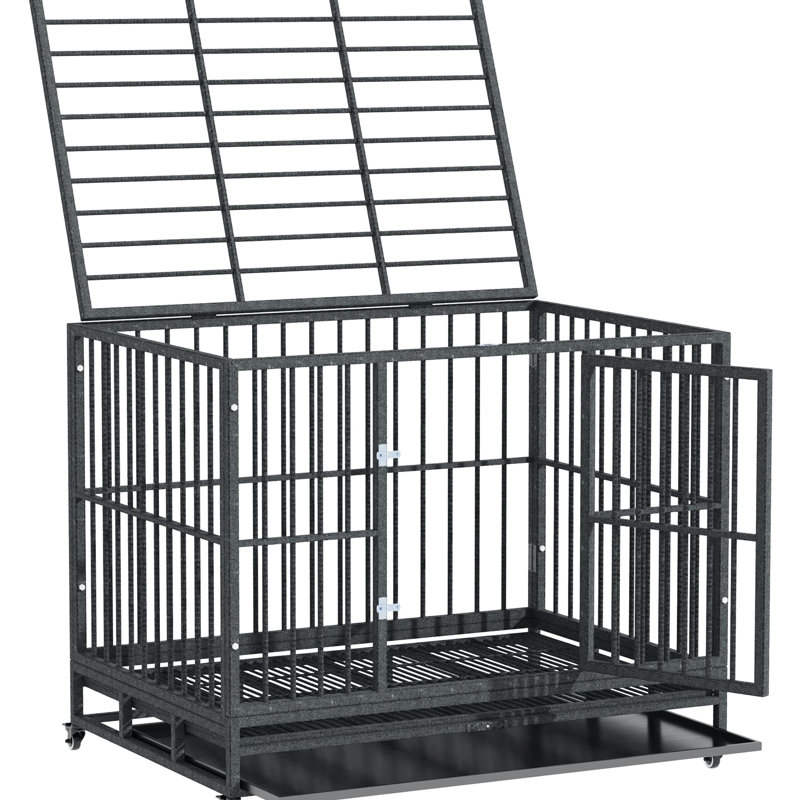 Chenil en métal robuste de 43 po avec roulettes verrouillables, porte double, plateau amovible, cage grise et plateau