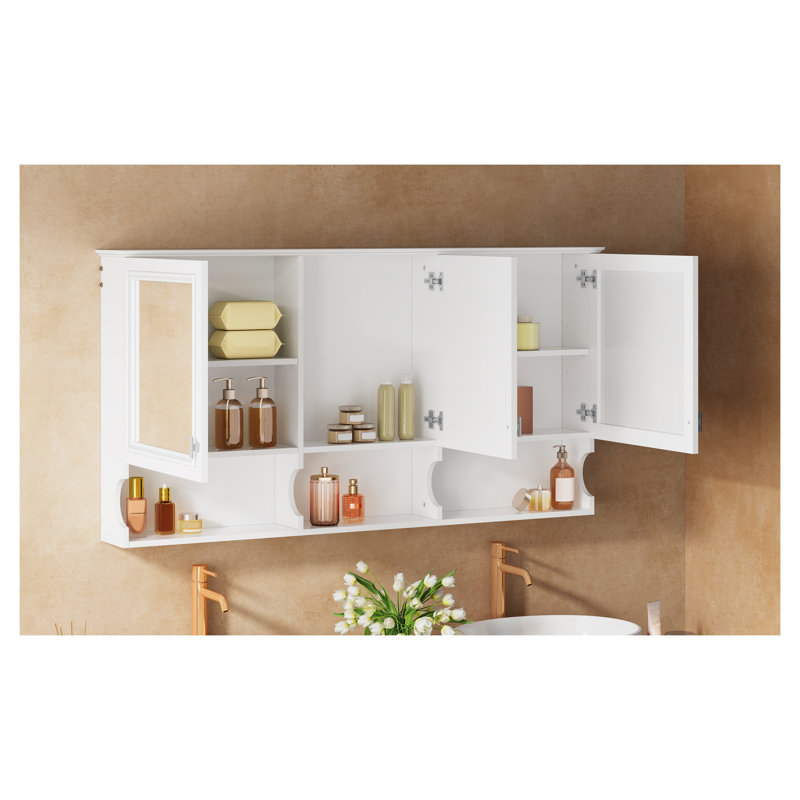 Armoire à pharmacie 55 po avec tablettes ouvertes - Armoire de rangement murale avec tablette réglable et porte miroir pour l'organisation au-dessus de la toilette, fabrication en bois massif blanc
