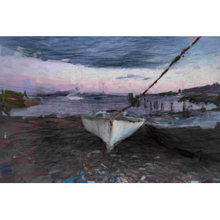 Designart - Rusty Row Boat on Sand at Sunset - Extra Large Seascape Art  Canvas