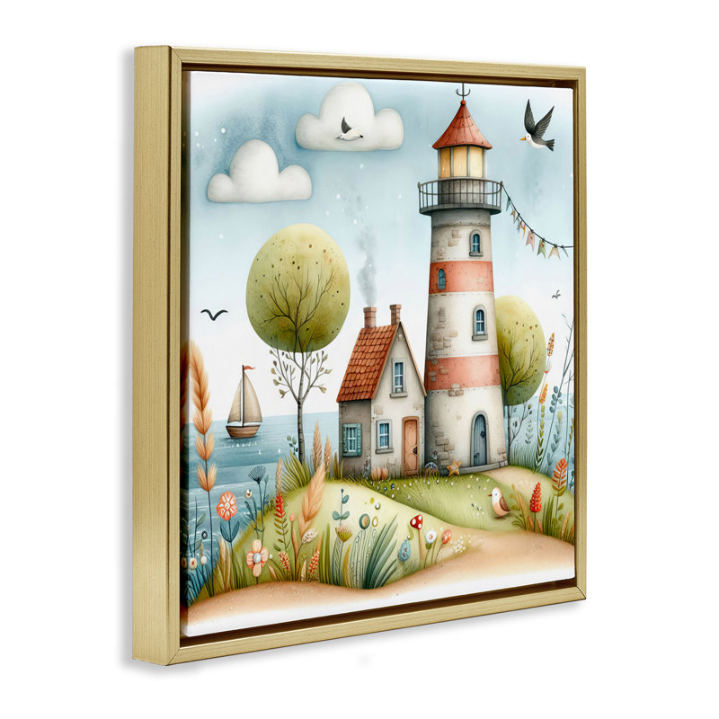  Art nautique sur toile flottant "Phare nautique" par LSR Design Studio, H 25 po x l 25 po, Cadre flottant métallique doré
