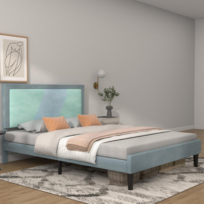 Full Size Bed Frame, Velvet Bed Frame with Upholstered Headboard, Platform Bed Frame with Strong Wooden Slats, No Box Spring Needed, Easy Assembly, Light Blue