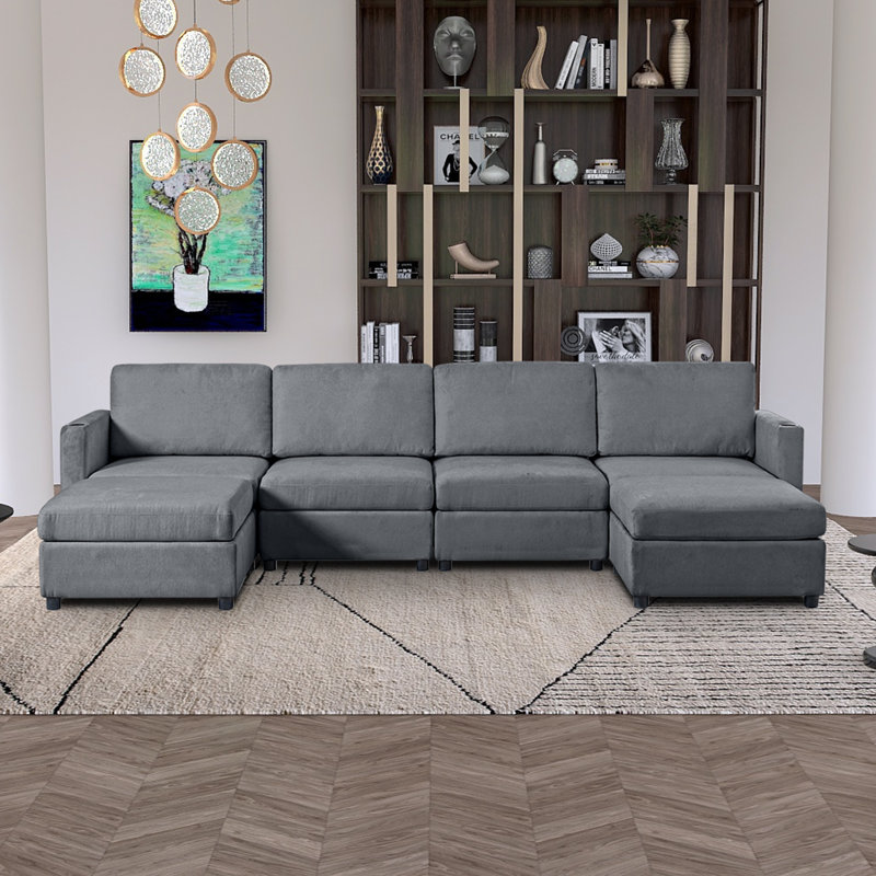 Canapé modulaire moderne en U avec repose-pieds et porte-gobelets, Polyester gris
