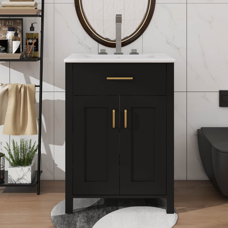 Ensemble de meuble-lavabo 24 po avec lavabo en céramique élégant et compact 2 portes à fermeture douce, Noir, Doré