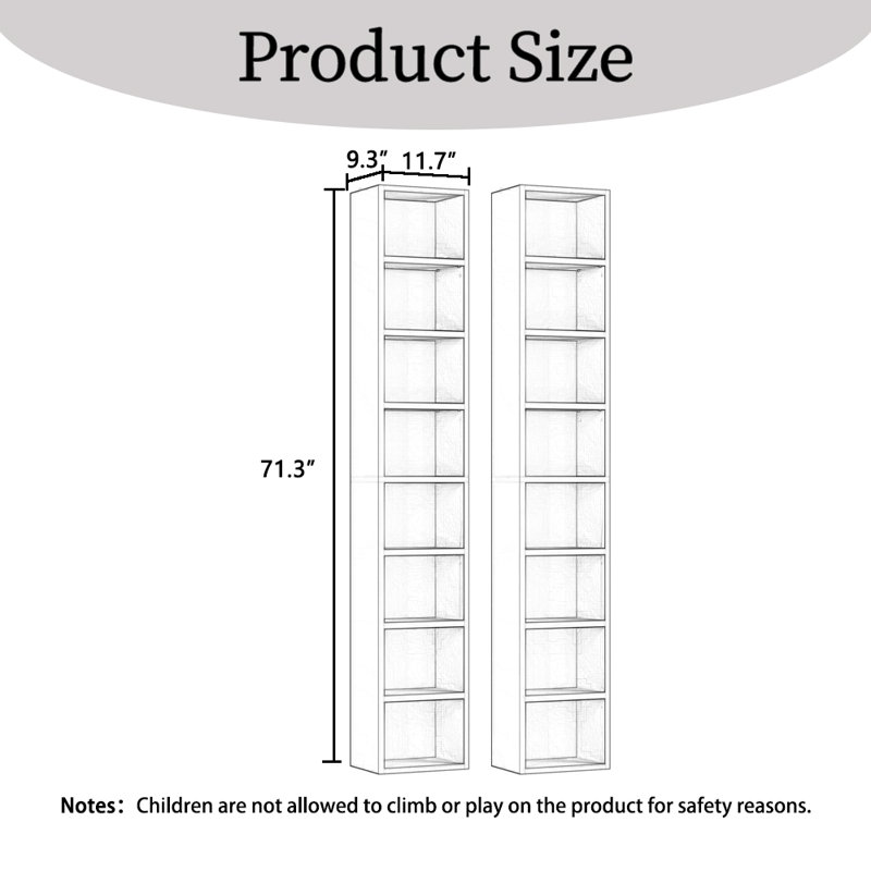 2 tablettes de 71 po de hauteur, bibliothèque étroite à 8 niveaux avec tablettes réglables, Blanc