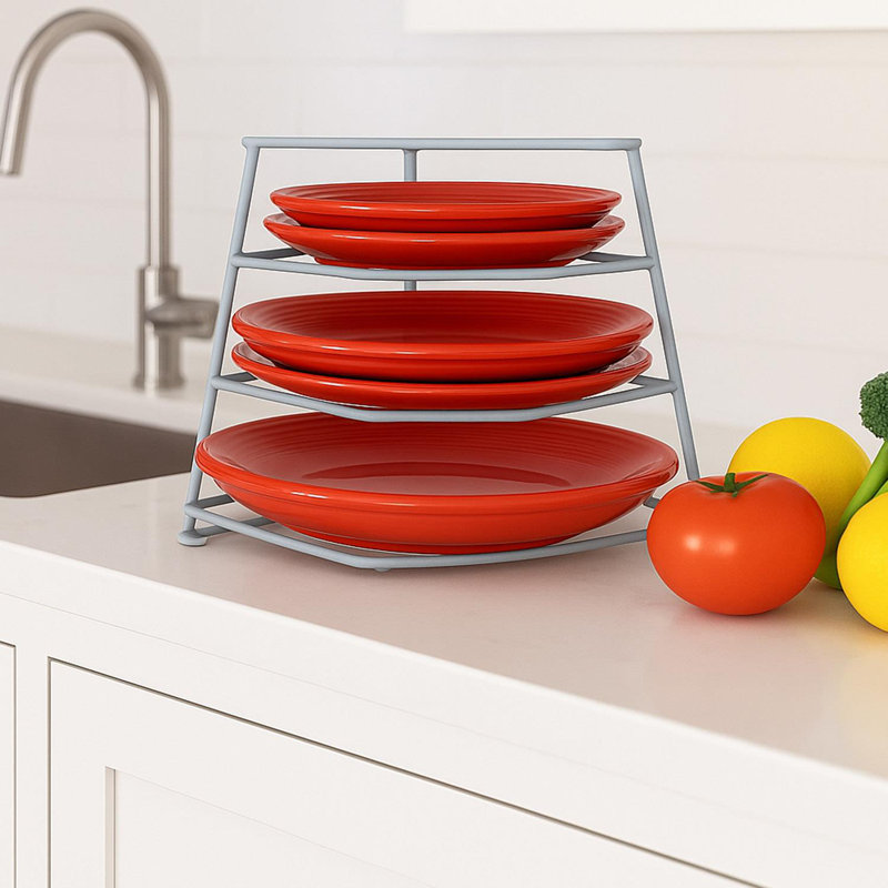 4 Tier Corner Plate Rack For Kitchen Cupboard – Heavy Duty Space-Saving Dish Rack Shelf Stand | Compact Storage Organiser For Plates, Bowls & Dishes (Grey)