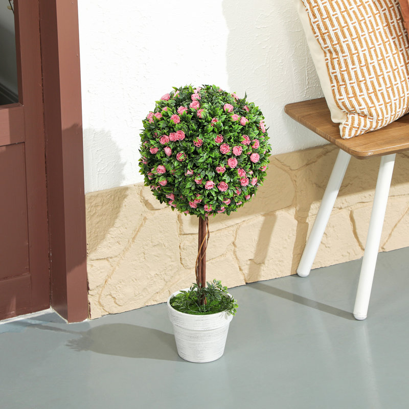 Sibren 60cm Faux Rose Plant in Cement Pot, Pink