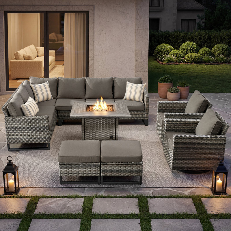 Brenon 9 - Person Outdoor Seating Group with Fire Pit with Cushions, Gray