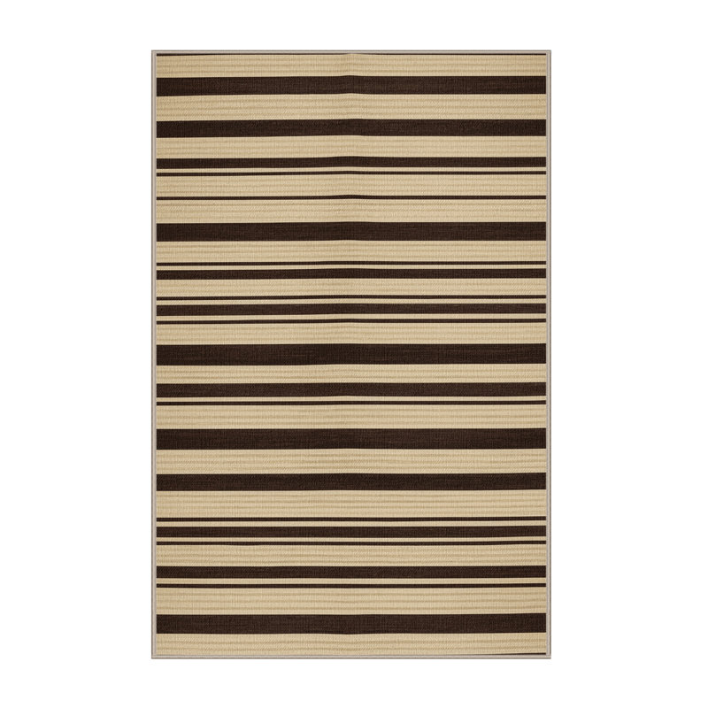 Washable Ecru Dark Brown Striped Area Rug, Rectangle 7' x 10'