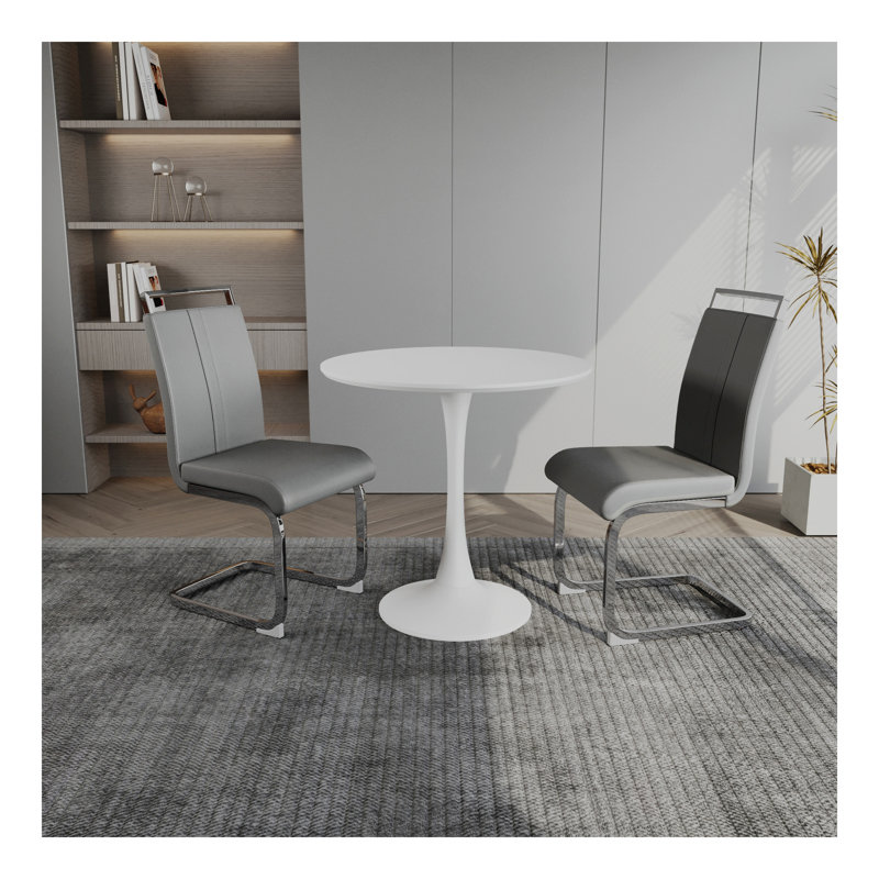 Table de salle à manger 31,5 "circulaire blanche, table de salle à manger, table de salle à manger pour 2 à 4 personnes, plateau et base en panneau de fibres à densité moyenne et 2 chaises de salle à manger en métal argenté