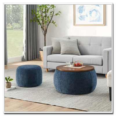 2-Piece Set Round Chenille Storage Ottoman, Equipped with a Drum Shaped Small Stool