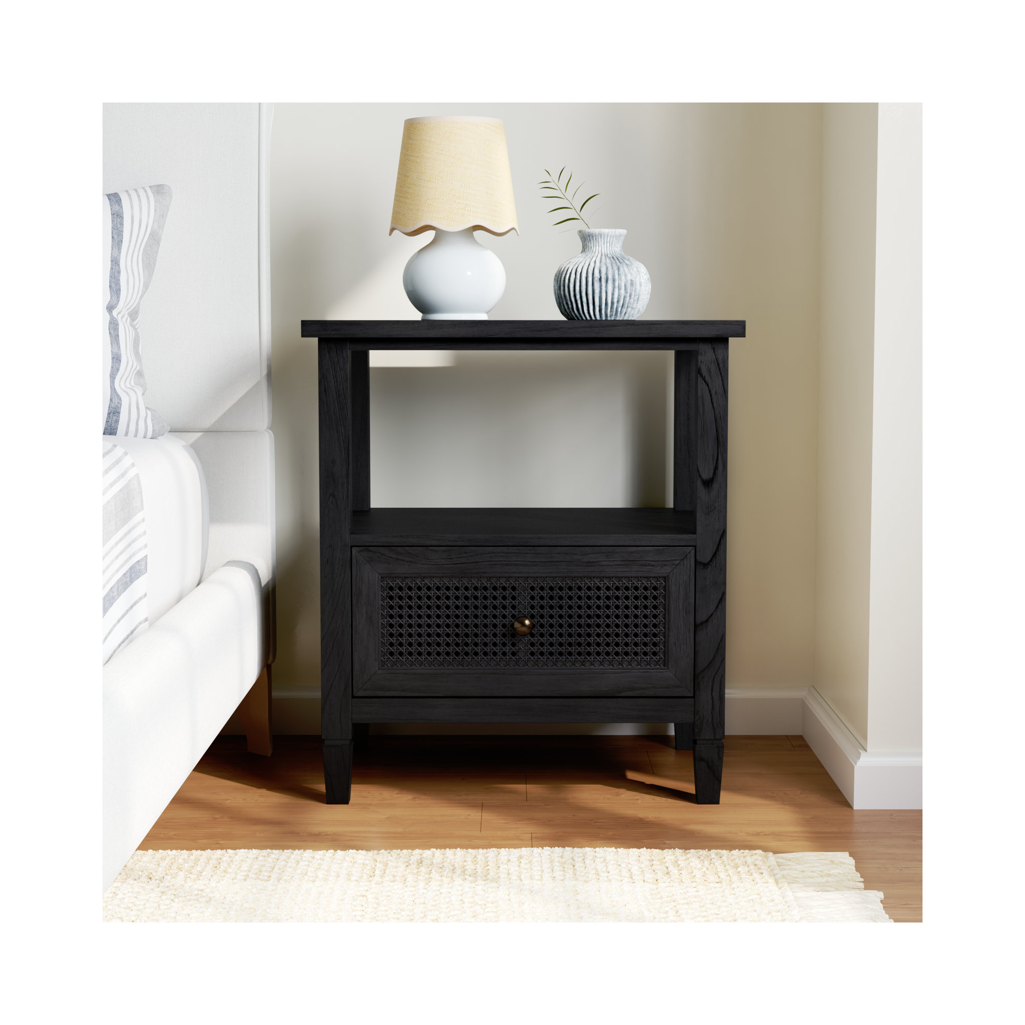 Charleston 1 - Drawer Cane Nightstand, Washed Black