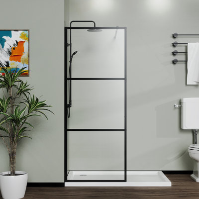 34" Shower Screen Door Walk-in Wet-room, Black, 3-panel Style