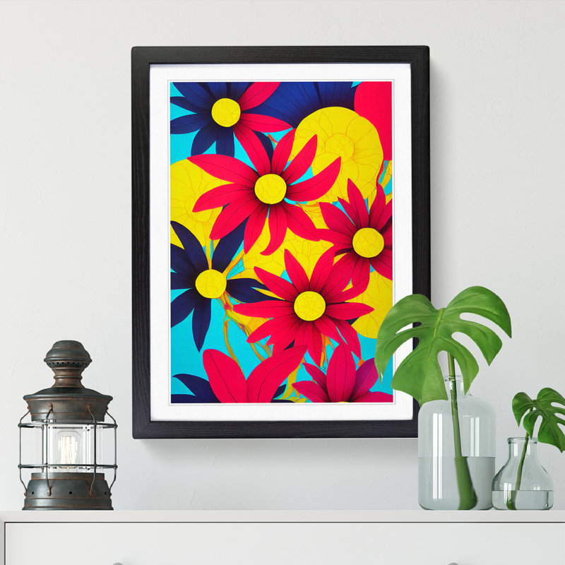 FRM-V0523-832X Floral Pop Art - Picture Frame Print, 64cm H x 46cm W, Black Framed