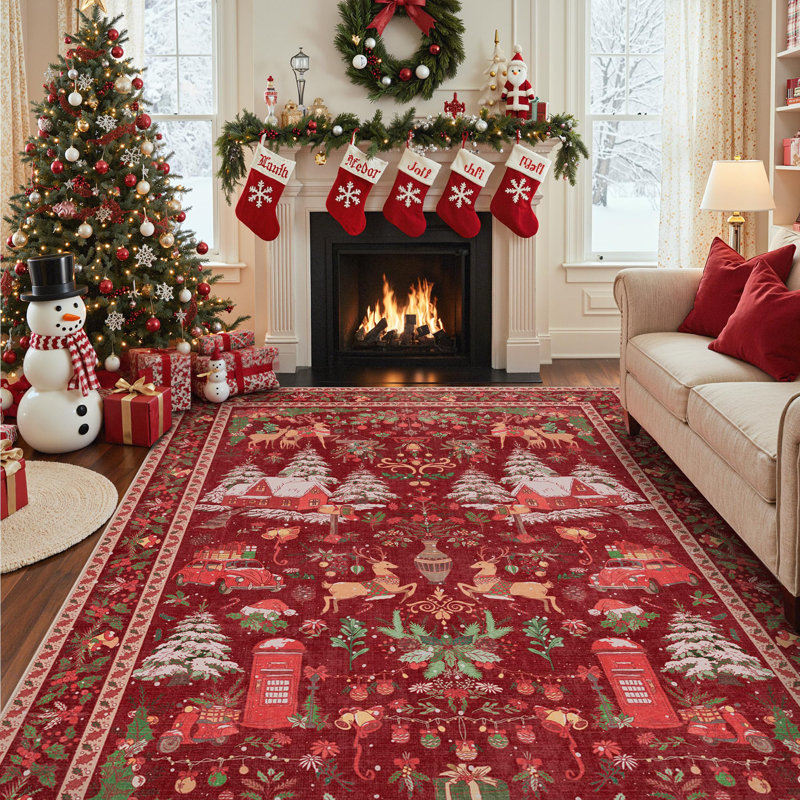 Tapis rouge lavable à la machine Christmas, Rectangulaire 8 pi x 10 pi