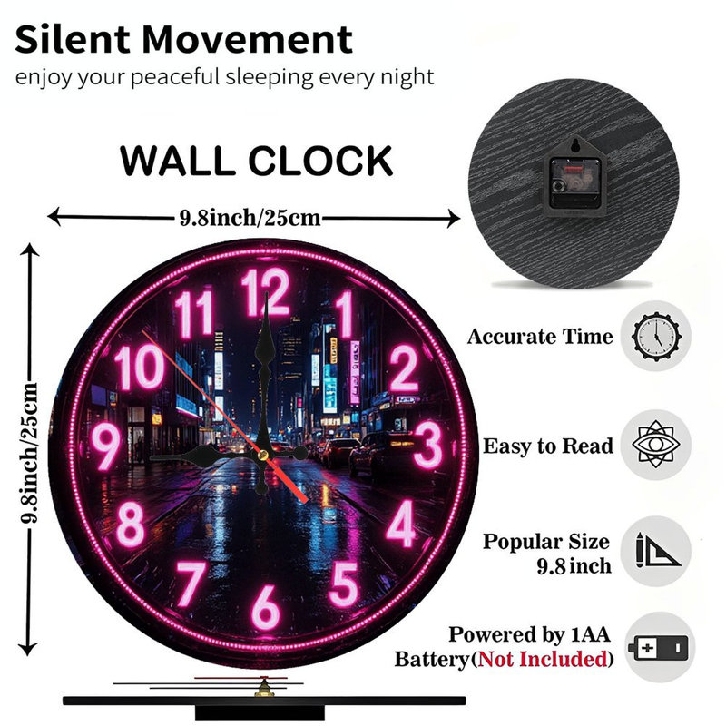 Pink Neon Cityscape Clock Wall Decor
