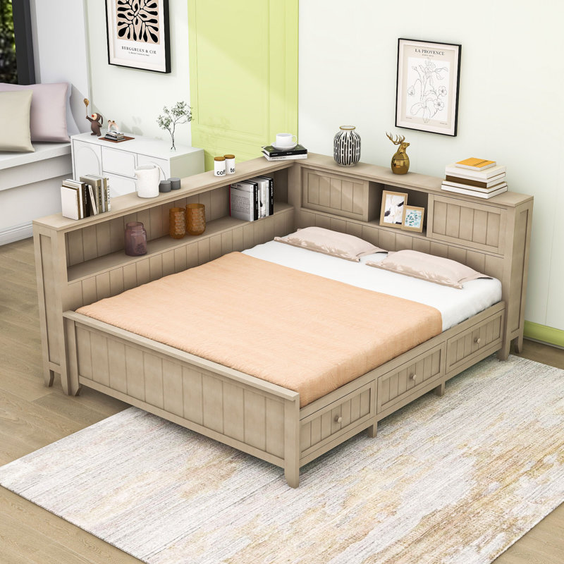 Lit de jour en bois avec tablettes et tiroirs de rangement, Double