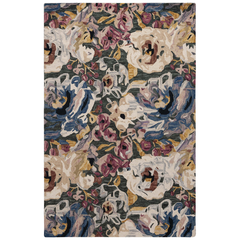 Kasie-Jane Hand Tufted Wool/Cotton Floral Rug in Green/Ivory, Rectangle 5' x 8'