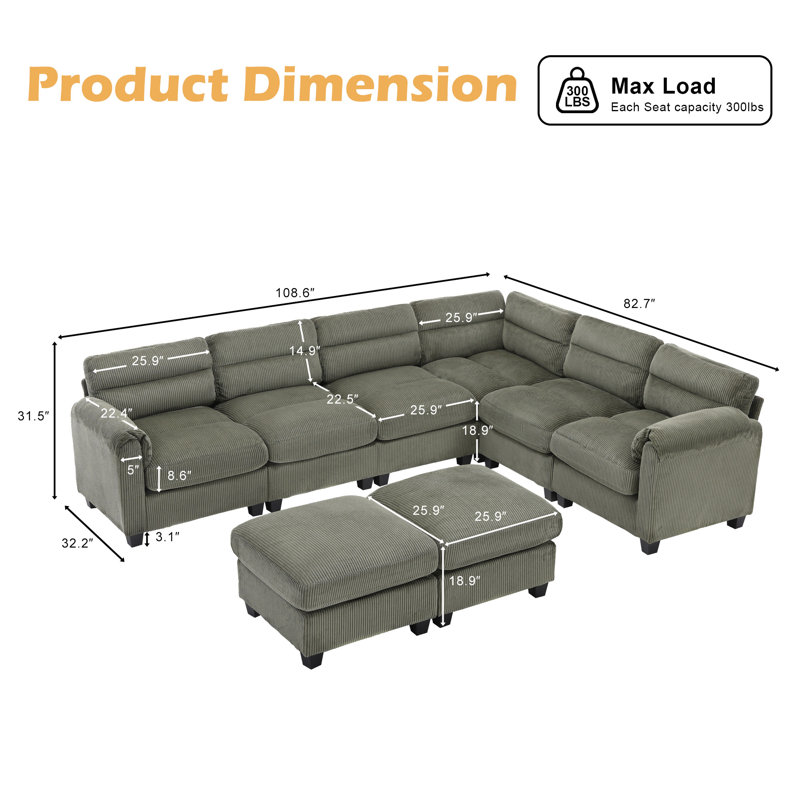 Dona 8-Piece Corduroy Upholstered Modular Sectional, 2 Ottomans, Pillowtop Arm, Green Corduroy