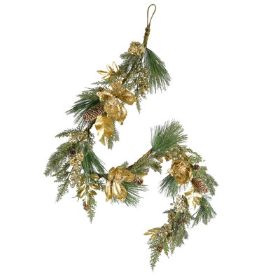  Guirlande de Noël dorée avec pommes de pin et fleurs, guirlande de Noël pour manteau de cheminée, escalier, porte et décoration de table - branches de pin réalistes, décoration saisonnière, 7 po de largeur et 60 po de longueur