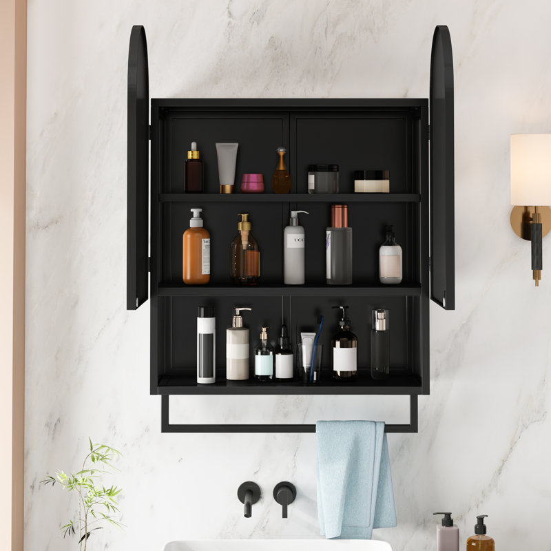 Armoire à miroir moderne à double arche avec tablettes réglables et porte-serviettes, pour le rangement dans la salle de bain, le salon et la chambre à coucher