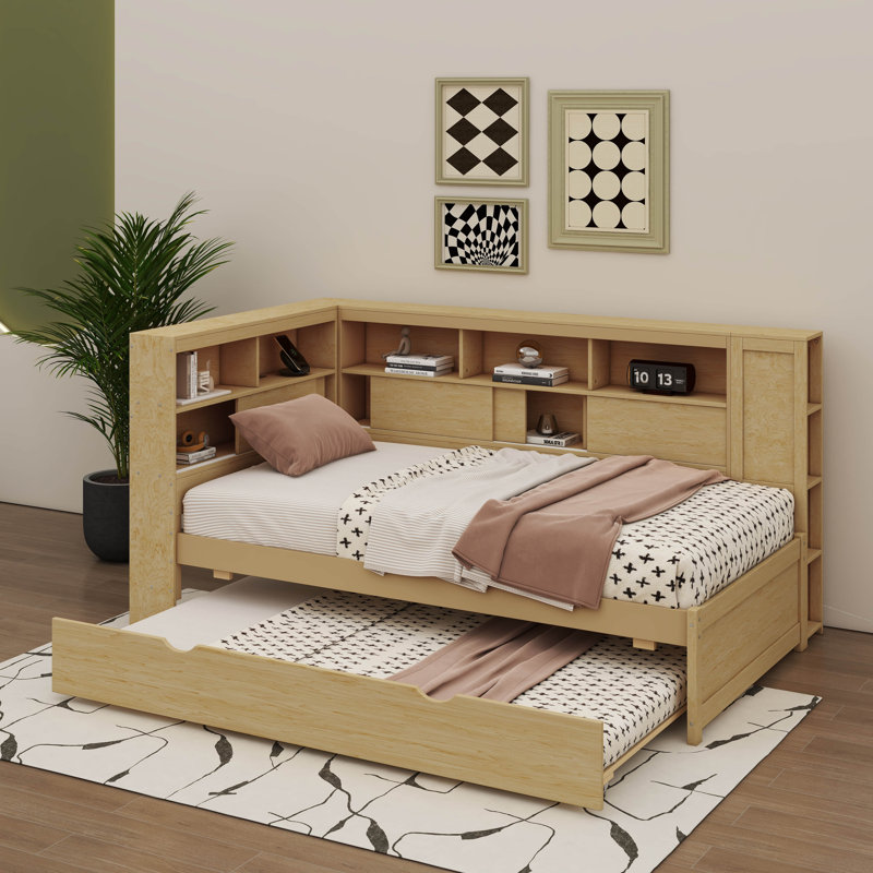 Lit de jour en bois polyvalent avec étagères de chargement USB et gigogne extensible, Naturel