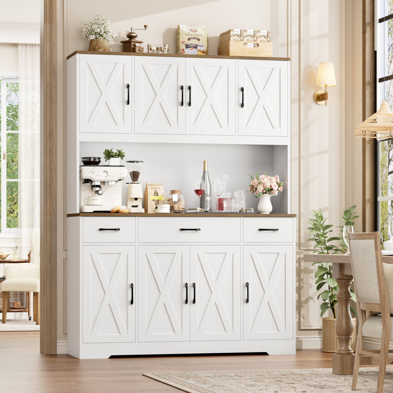 Frostia 70.9"H Kitchen Pantry With Charge Station, 55.1"W Farmhouse Style Pantry Cabinet with Microwave Shelf & Adjustable Shelves