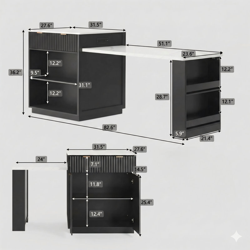 Îlot de cuisine cannelé de 82,6 pouces avec table de salle à manger extensible pour 4 à 6 personnes, prise de courant intégrée, configuration de rangement à deux côtés avec 2 tiroirs et 2 tablettes latérales ouvertes - finition noire