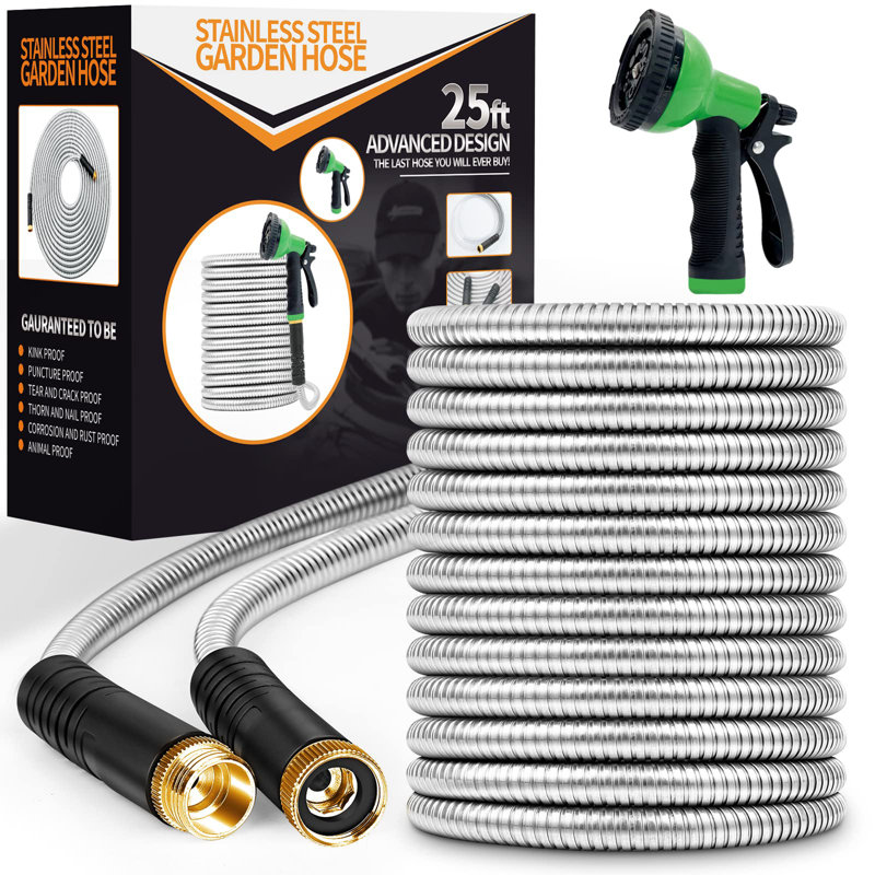 Metal Garden Hose With 10 Function Nozzle, 15" H x 300" L x 15" D