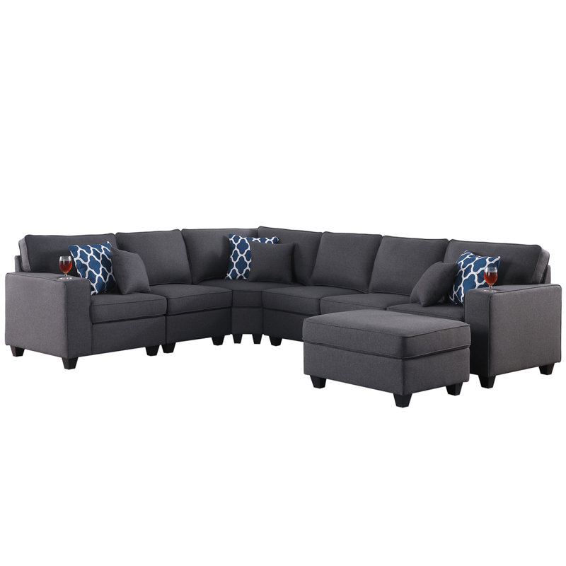 7 pièces modulaires en lin gris foncé modulaire réversible en forme de L 125 po avec porte-gobelet, pièces modulaires, 6 coussins décoratifs, siège d'une hauteur de 17,75 po, profondeur de 23 po, accoudoirs de 24,25 po et dossier à ressorts ensachés en mousse à dossier de 18 po