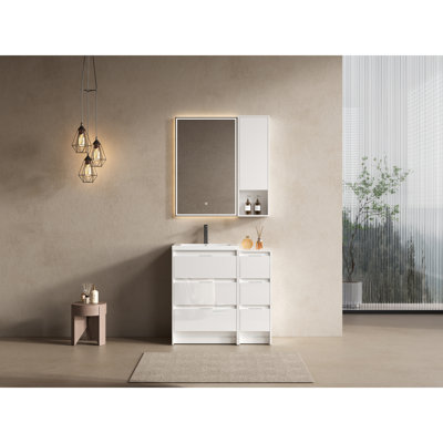 Meuble-lavabo autoportant avec lavabo en résine et armoire de rangement, contreplaqué blanc brillant, tiroirs à fermeture en douceur