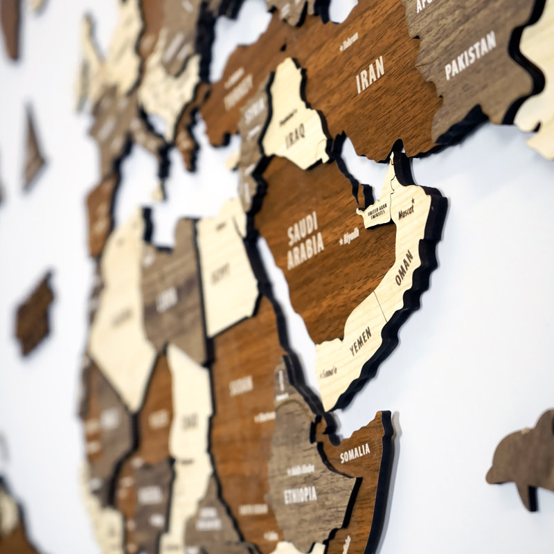 Wooden World Map Wall Art - 3D Wood Push Pin Maps - Multilayered 3D Wooden World Map, 80cm H x 150cm W