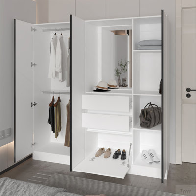White Wardrobe Organizer With Mirror And Storage Compartments
