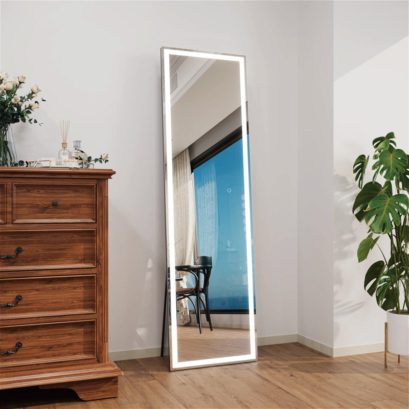  LED Lighted Full Length Mirror With Metal Stand, Contemporary Floor Mirror With Tempered Glass, 67" x 20"