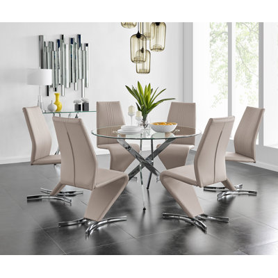 Tierra Modern Chrome Metal & Glass Round Dining Table Set with 6 Modern Design Faux Leather Chairs