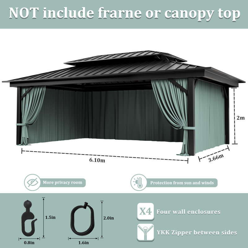 Rideaux à 4 panneaux latéraux pour pavillon de jardin, seulement rideaux, H 78,74 po x l 240 po x P 144 po, Bleu calcite