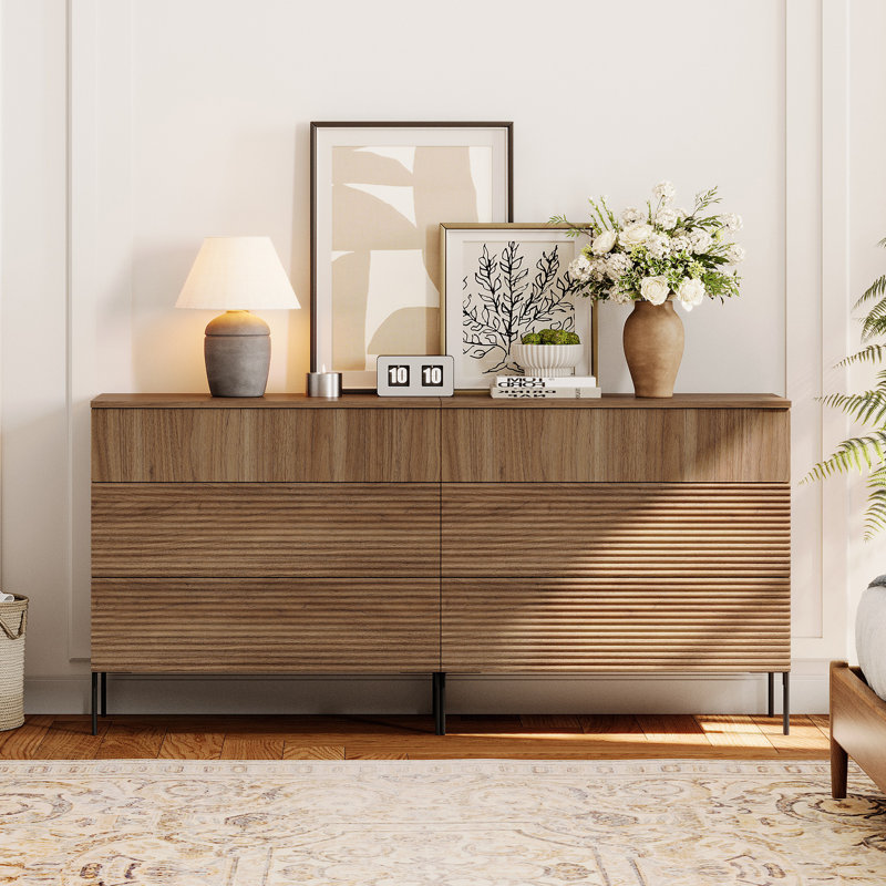 Union Rustic 3 Drawer Reeded Dresser For Bedroom Set Of 2, Minimalist Modern Chest Of Drawers, Wood Storage 6 Drawer Dresser Organizer For Bedroom Living Room Hallway Closet