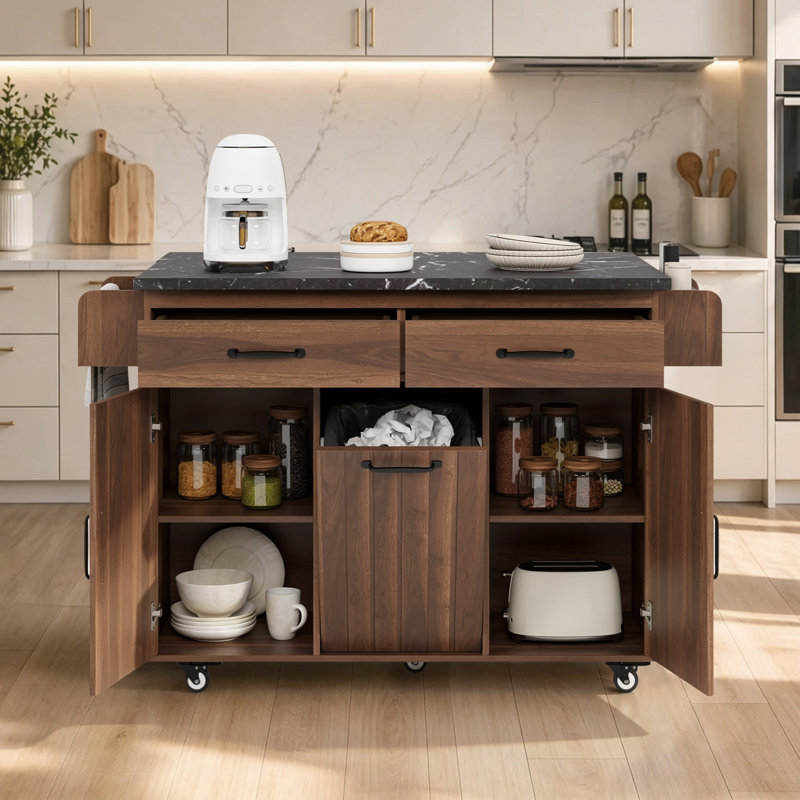 Kitchen Island With Trash Can Storage Cabinet, Kitchen Cart With Drop Leaf, Spice Rack, Towel Rack And Drawer, Rolling Kitchen Island On Wheels With Adjustable Shelf, Walnut Brown