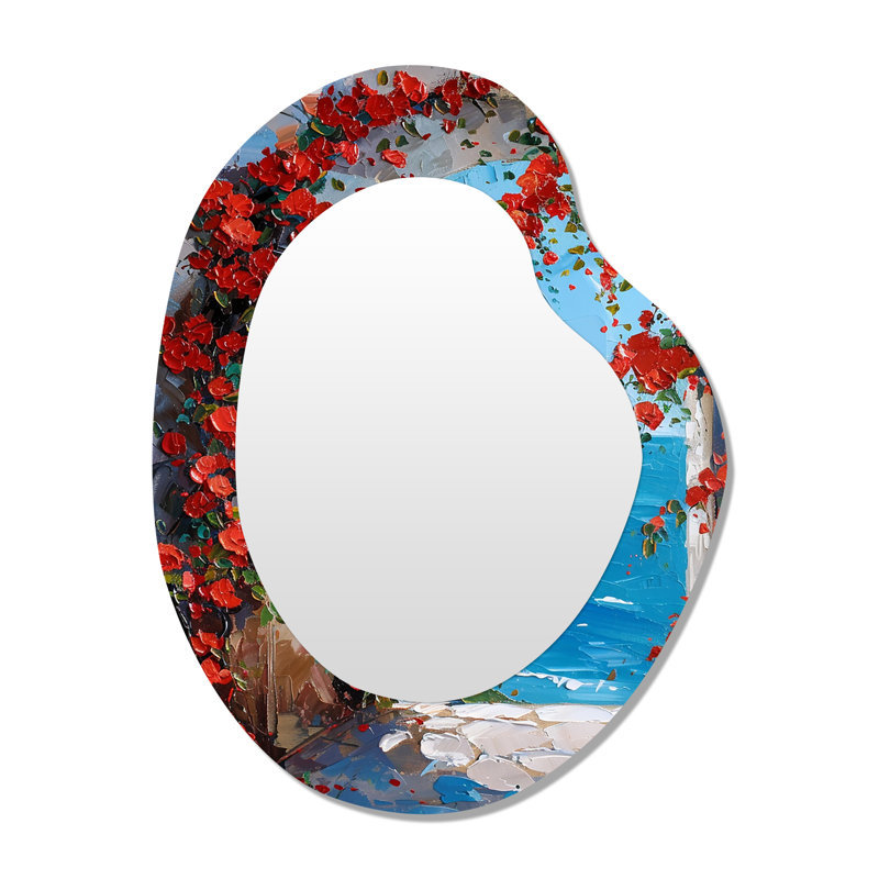 Arch Of Red Roses Portal View On Azure Blue Ocean - Red Asymmetrical Decorative Mirror, Roses Unique Shape Wall Mirror, Printed Metal Art