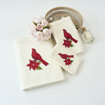 Home Decor Xmas Premium Luxury Ultra Soft 100% Cotton Embroidered Bathroom Modern 3 Piece Christmas Towel Set, Red Cardinal Bird with Ivory Base Pattern
