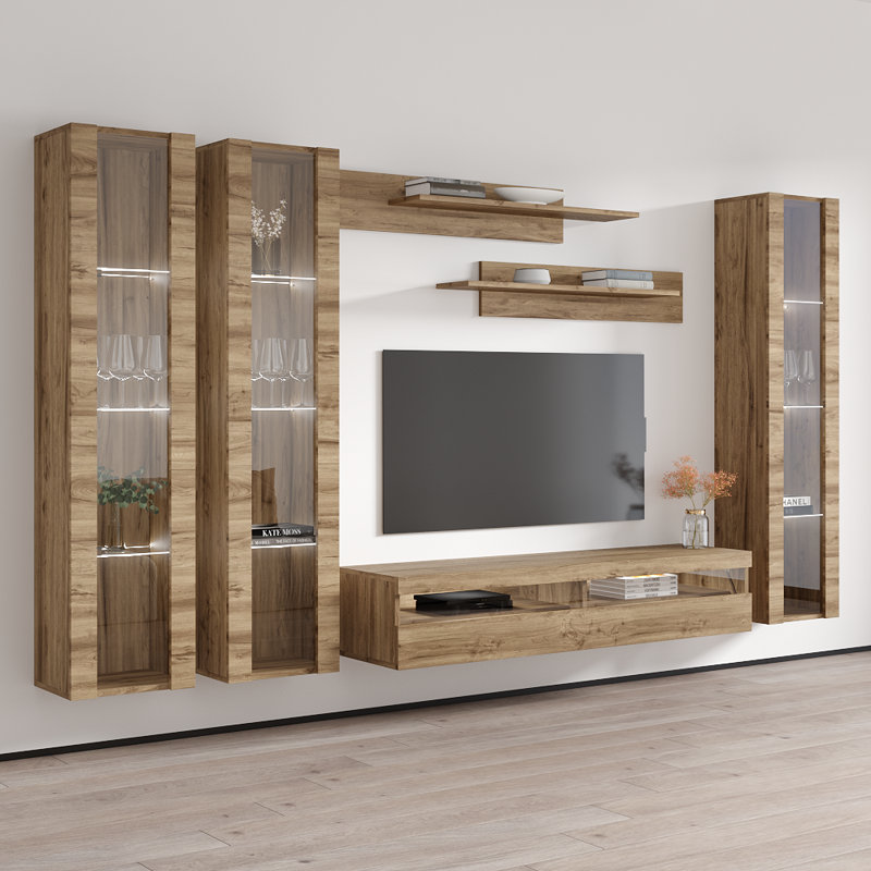 120" Modern Floating Wall Mounted Entertainment Center with 16-Color LED Lighting, High Gloss Finish, Oak