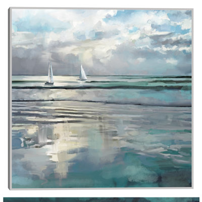 Indigo Seas by Studio Arts, 41x41", Large Oversized Calm Ocean Horizon Seascape Framed Canvas Wall Art Print, Champagne Silver Frame