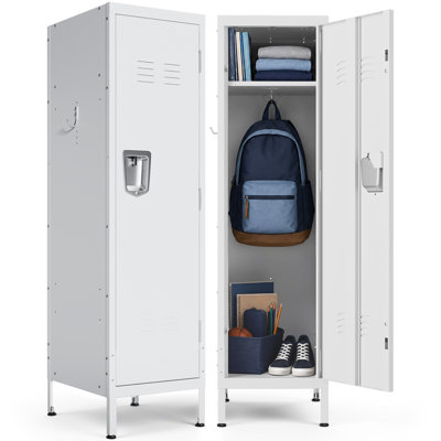 Armoire casier verrouillable en acier de 140 cm de haut avec portes ventilées, étagères réglables et fixation murale anti-basculement pour école, bureau, gym et maison