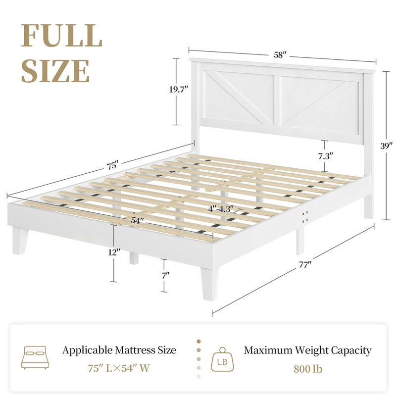 Farmhouse Wood Bed Platform with Headboard, Full / Double, White