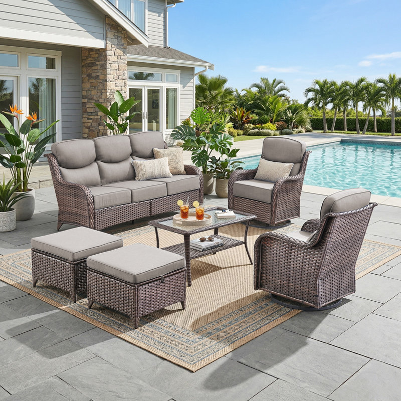 Ensemble de conversation pour patio en osier 6 pièces avec coussins de 6 po Wickes Haven, Gris, Brun