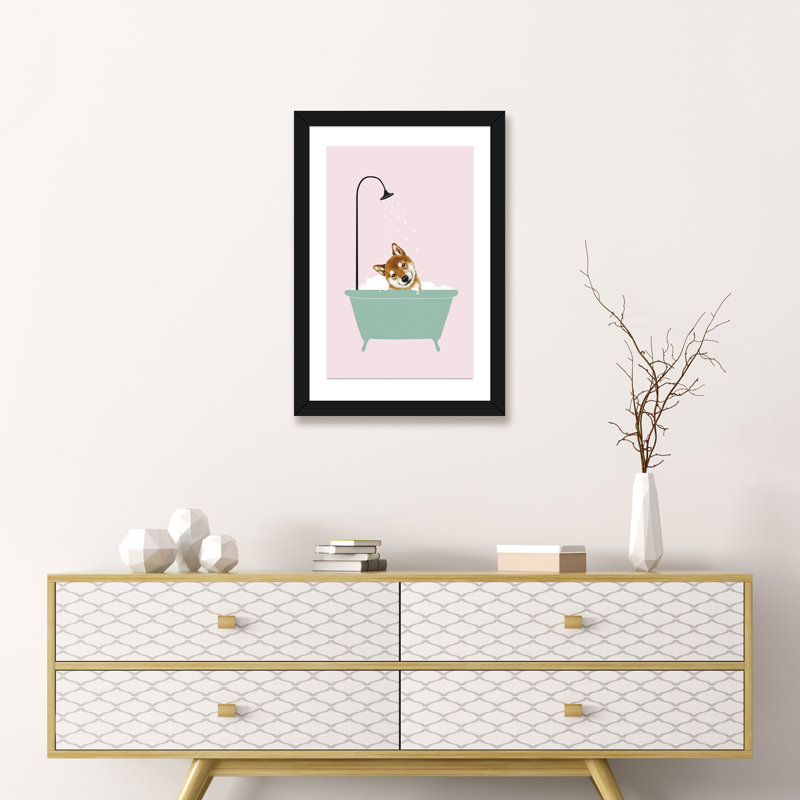 «Shiba Inu Enjoying Bubble Bath» par Big Nose Work - impression d'art graphique, H 24 po x l 16 po x P 1 po, Blanc