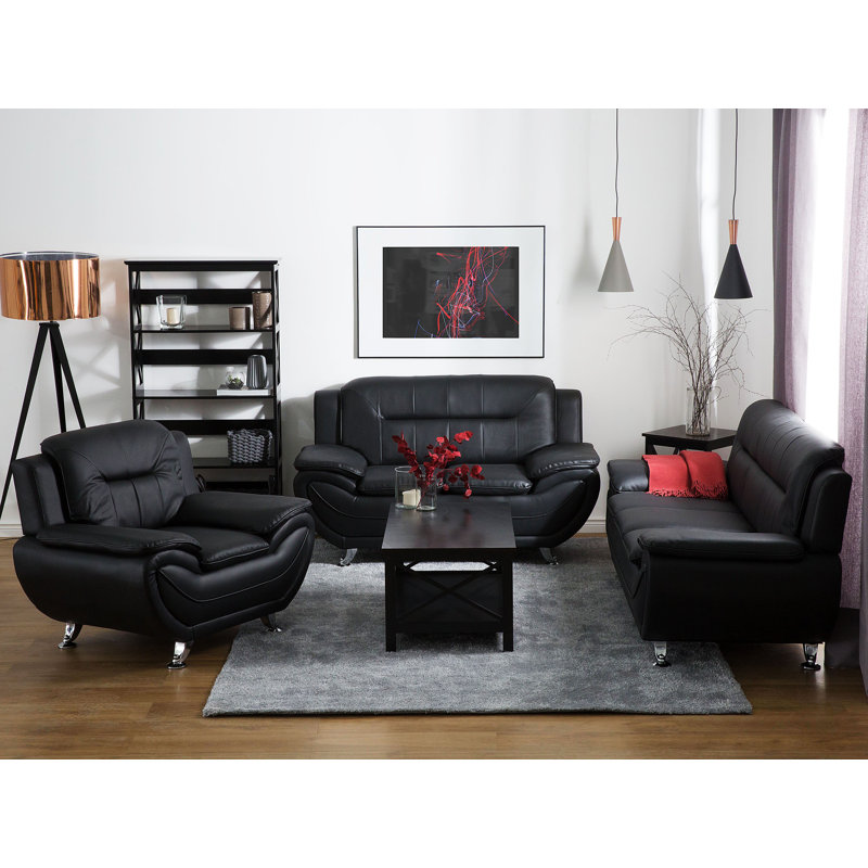Faux Leather Living Room Set Bundara, Black